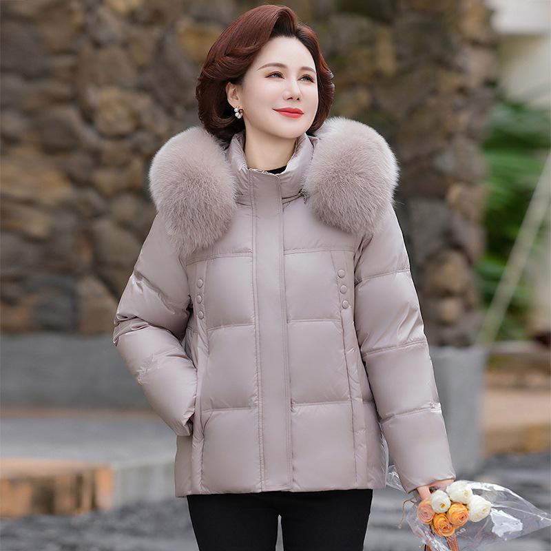 Premium Winter Hooded Short Down Jacket for Middle-aged and Elderly Women with Fox Fur Collar