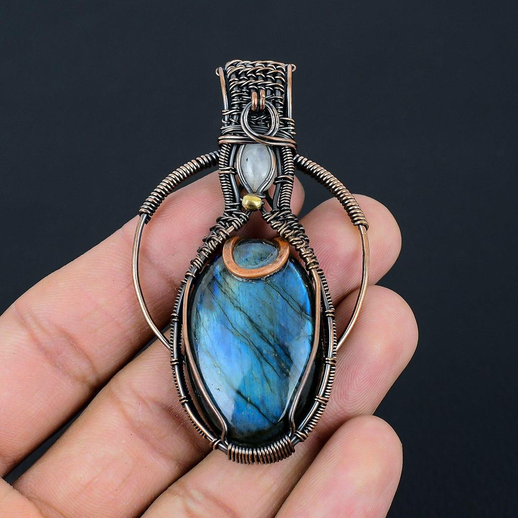 Labradorite & Moonstone Gemstone Handmade Pure Copper Wire Wrap Pendant For Women