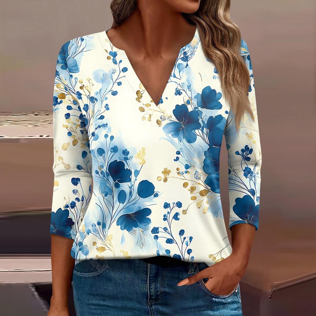 Женская футболка Футболка с принтом Рукав 3/4 Повседневные Выходные Мода Базовый V-образный вырез Обычный топ