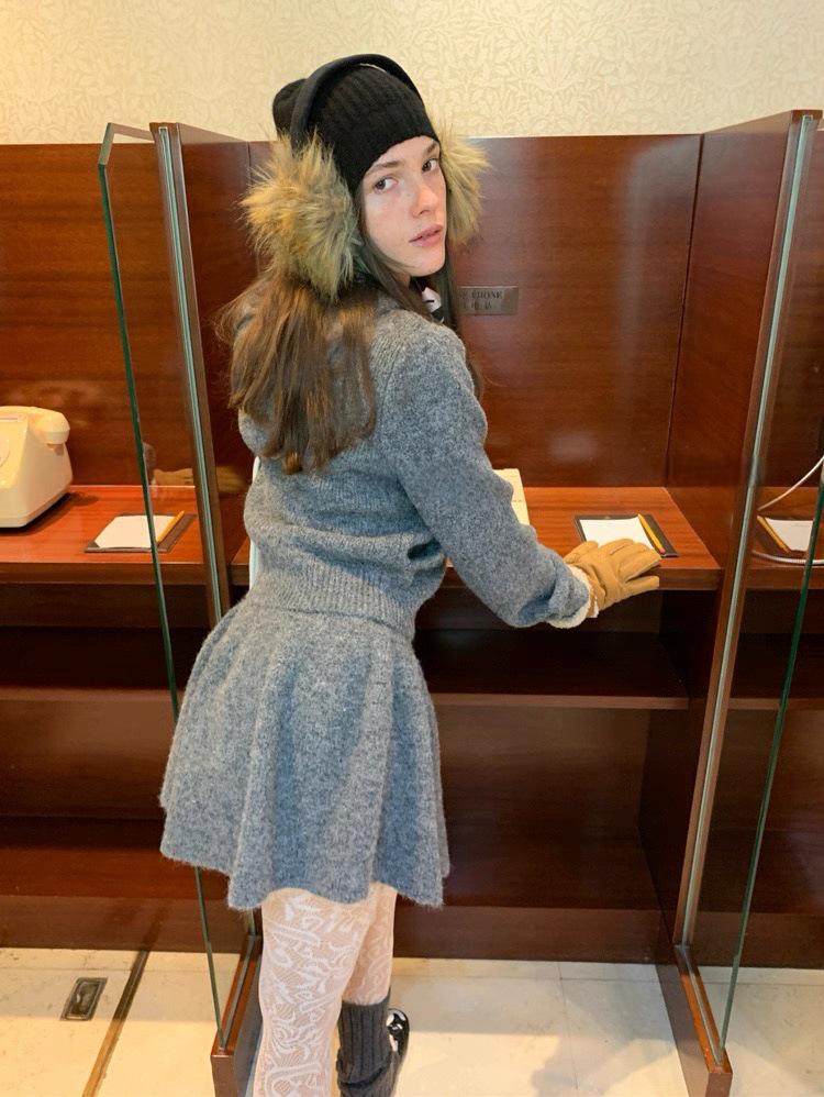 Европейско-американский осенний ретро французский кардиган с капюшоном и комплект юбки-полусолнца