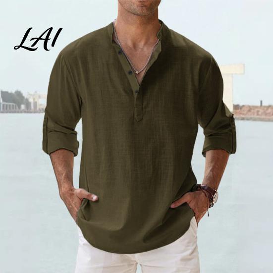 Comfortable Pullover Alternative Men Casual Shirt Tops Stand Collar Quarter Buttons Solid Color Breathable Tops for Summer Vacation Daily Wear