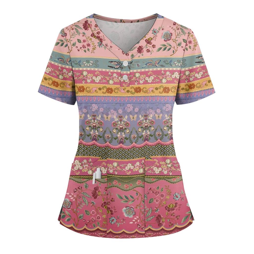 Женская свободная футболка с коротким рукавом, модным принтом цветов и растений, V-образным вырезом, застегивающаяся на пуговицы, с боковым разрезом