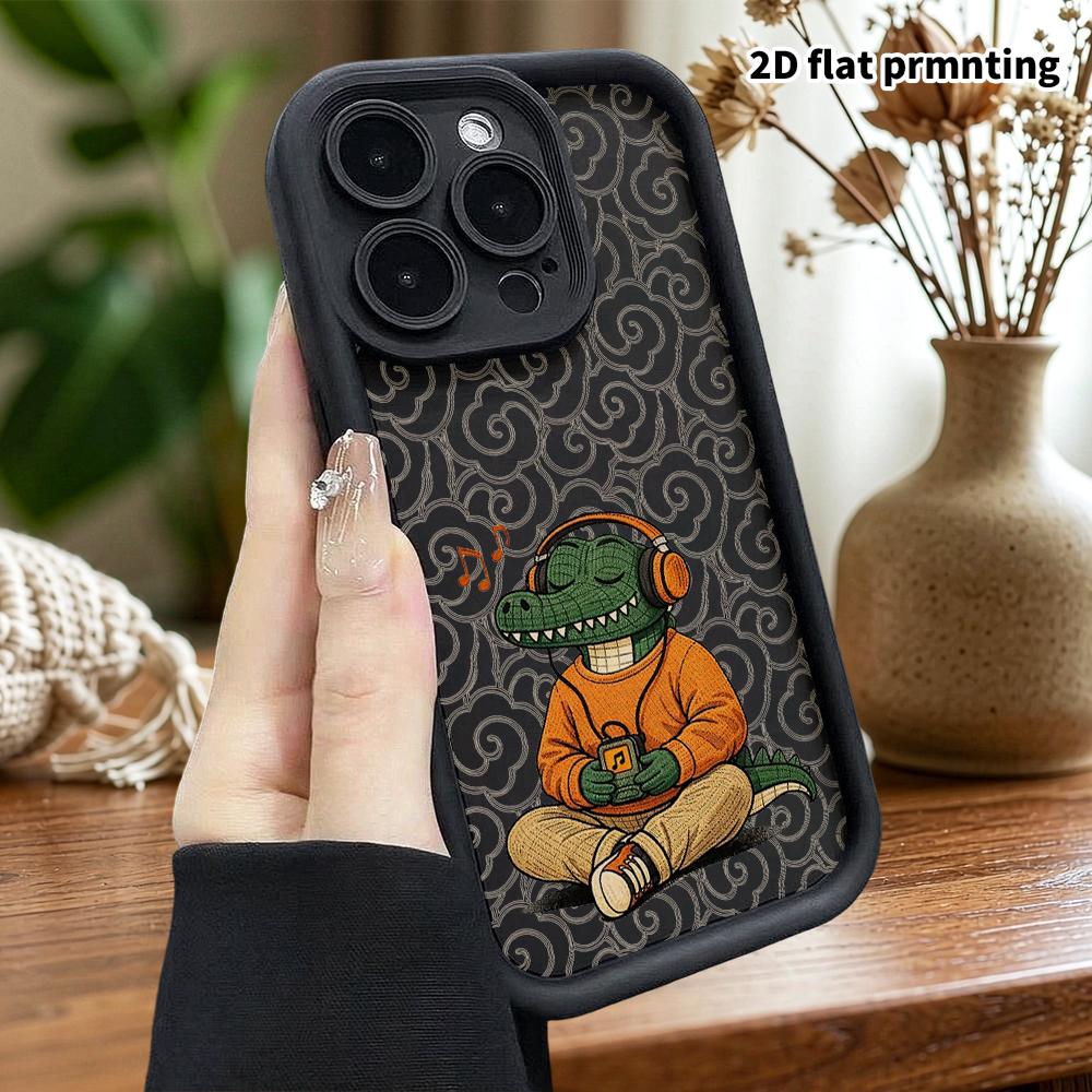 Phone Case: 2D flat design suitable for iPhone 18 17 16 15 14 13 Pro tiered protective case, music-listening crocodile, Christmas and Halloween gift