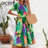 Женская мода лето весна цветочный принт с коротким рукавом V-образным вырезом с высокой талией повседневные платья