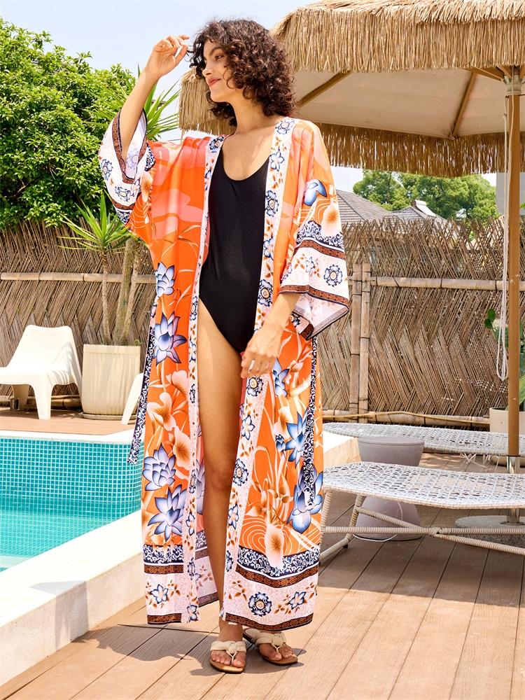 EDOLYNSA Бикини в богемном стиле с принтом, элегантное кимоно с поясом, платье-туника, лето 2024, женская пляжная одежда больших размеров, купальный костюм, накидка Q996