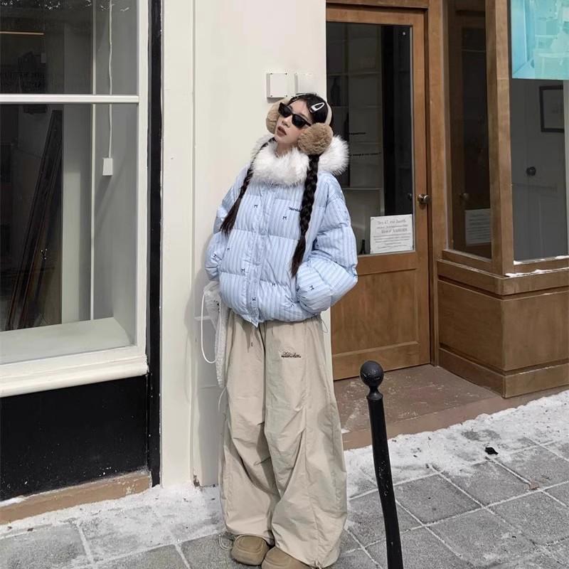 Дизайнерское полосатое пальто из хлопка с капюшоном, меховым воротником и бантом, утолщенное, для миниатюрных женщин