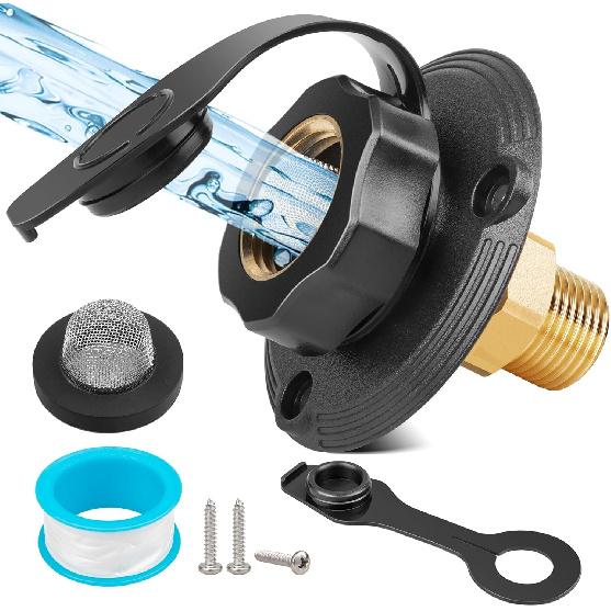 Oyviny RV City Water Inlet With Check Valve, Lead-Free Brass RV Fresh Water Inlet 3/4 NH Female To 1/2 NPT Male Connection, Water Fill Inlet Flange