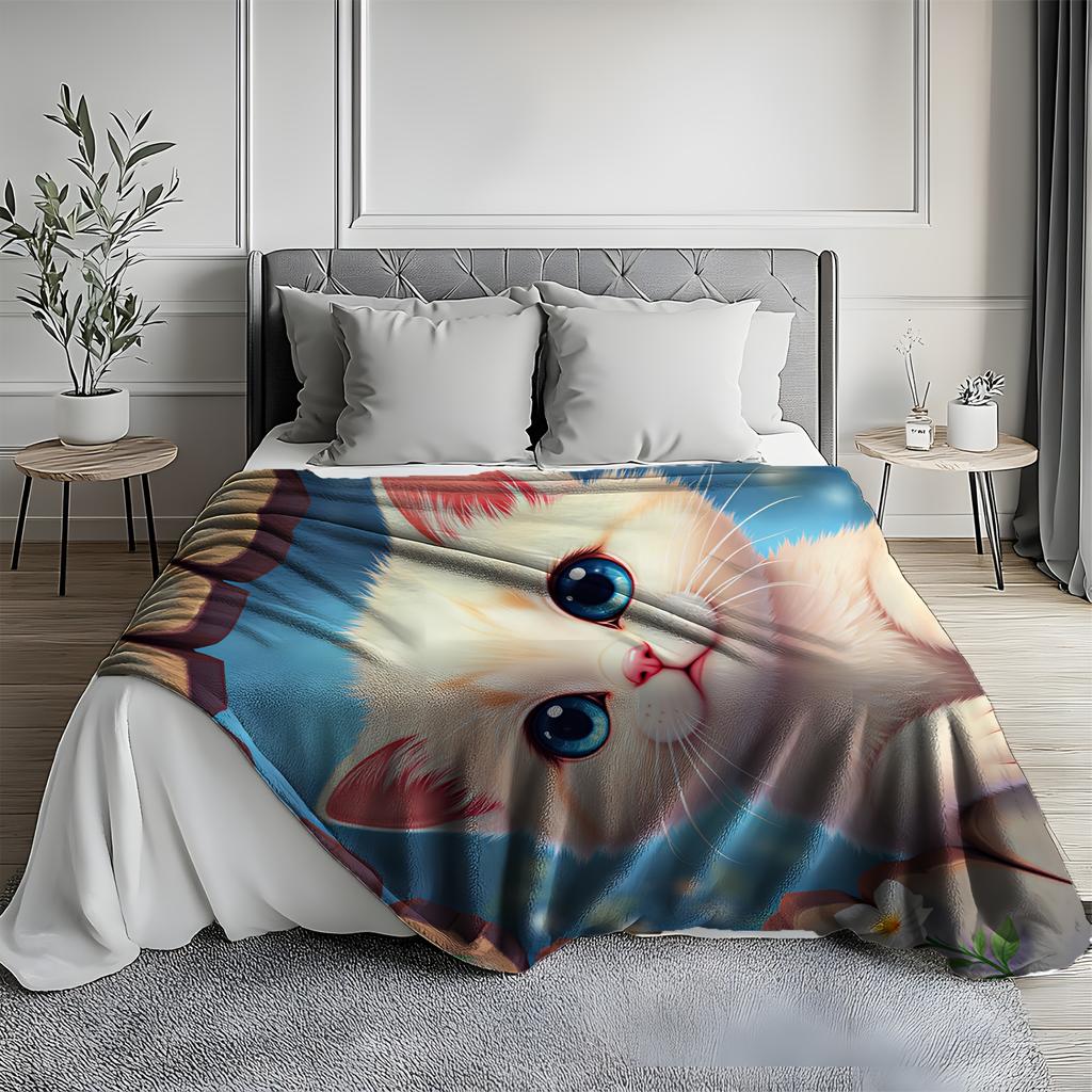 1pc Cozy Flannel Blanket with Adorable Kitten & Floral Print - Soft Warm Throw for Sofa, Bed, Car, Office, Camping - All-Season