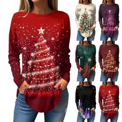Женская свободная футболка с круглым вырезом и рождественским принтом, длинный рукав, пуловер