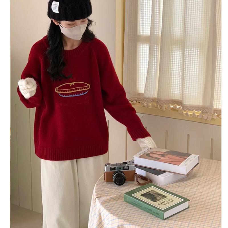 Милый вышитый свитер-пуловер женский осенне-зимний карамельный цвет круглый вырез свободный вязаный свитер топ в стиле колледжа