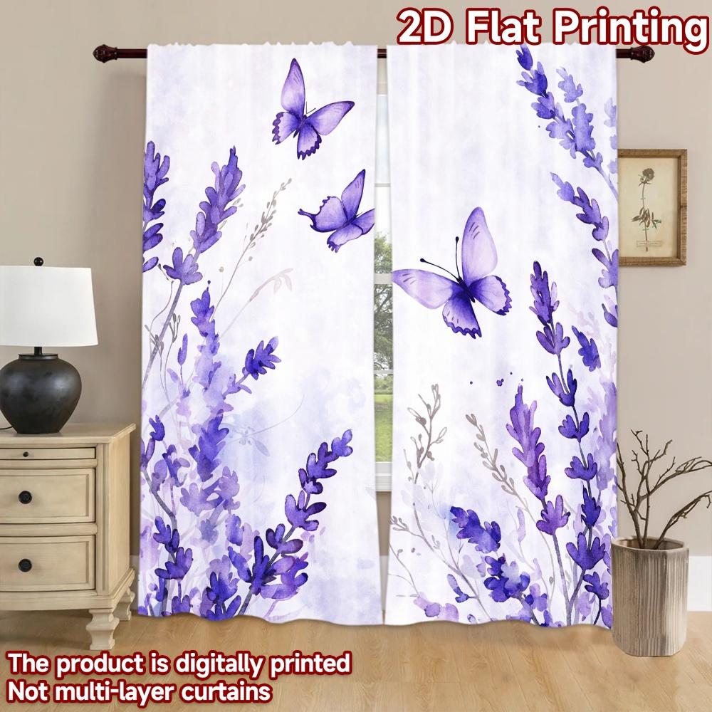 2D flat printing 2pcs Curtain Window Treatment Curtains Lavender Blooms and Butterflies Digital Printed Polyester Drapes Party
