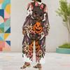 Women Plus Size Round Neck Long Sleeve Pumpkin Bee Floral Printed Top Wide Leg Cropped Pants Two Piece Set