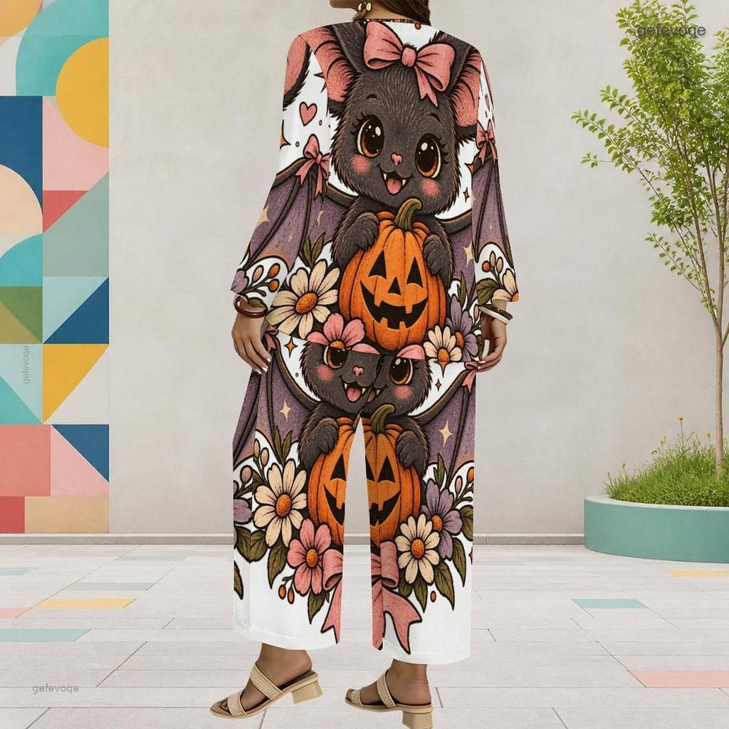 Women Plus Size Round Neck Long Sleeve Pumpkin Bee Floral Printed Top Wide Leg Cropped Pants Two Piece Set
