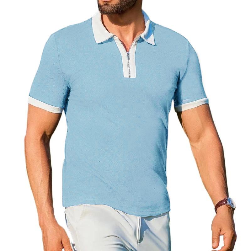 Летняя новая мужская футболка с коротким рукавом, повседневная футболка с отворотом и полумолнией, модные легкие дышащие мужские топы
