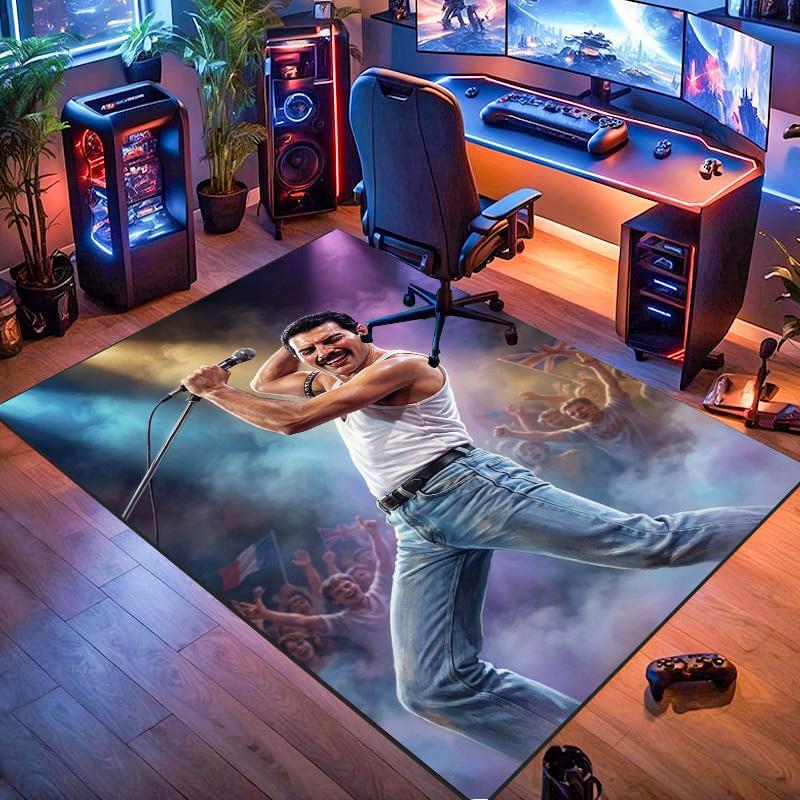 Freddie Mercury Rectangular Rug, Queen Band Concert Print Non Slip Floor Mat for Fan Living Room Bedroom Decor
