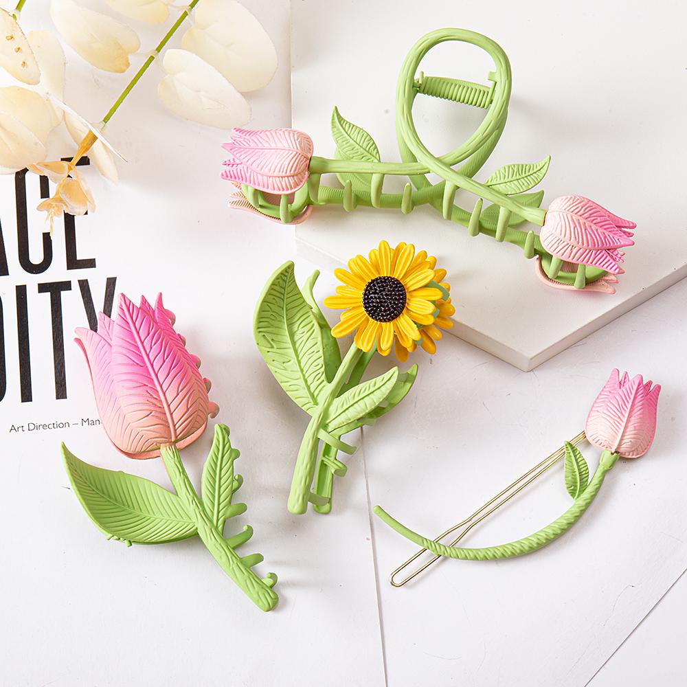 Women Tulip Flower Hair Claw Clips Sunflower Metal Hairpins Makeup Hair Styling Clamp Barrettes Girls Ponytail Hair Accessories