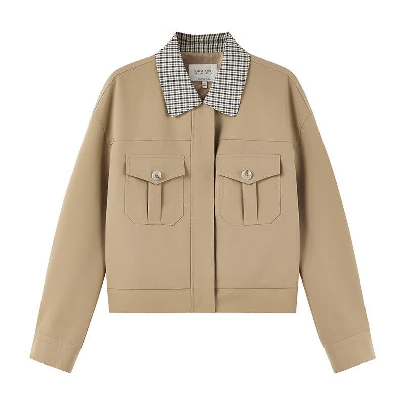 Qiushui Yiren Retro Plaid Patchwork Zipper Jacket