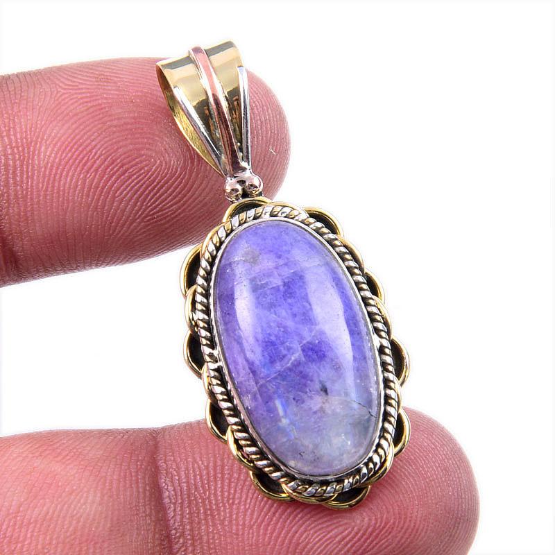 Natural Purple Moonstone Gemstone 925 Solid Silver Two Tone Pendant 1.50" A4Z51