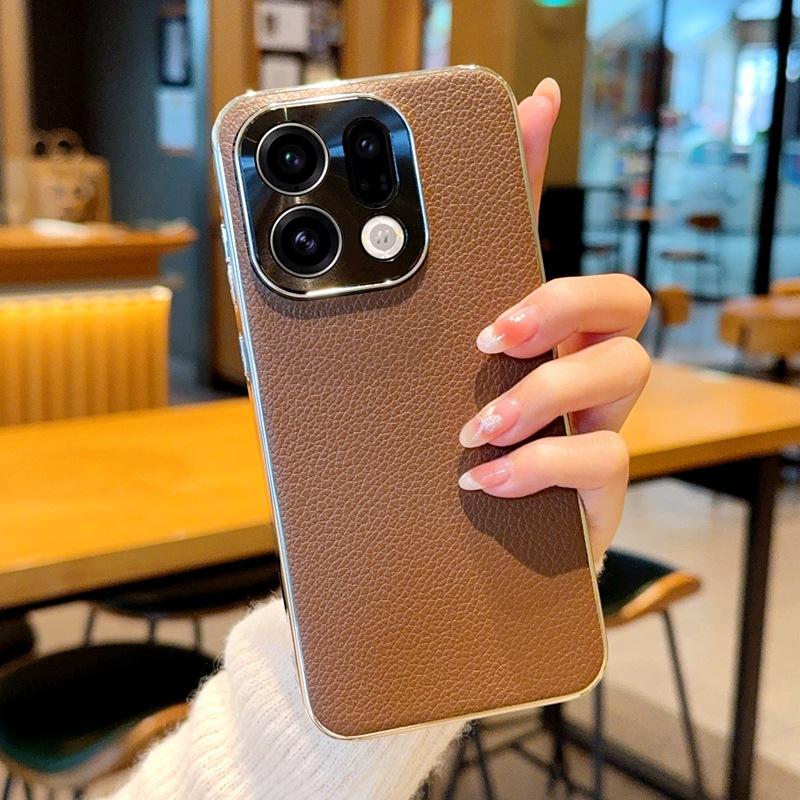 Luxury Electroplated Phone Case for OPPO Find X9 Pro FindX8 Ultra X7 X8S Plus Lens Protection Lychee Pattern Leather Hard Cover