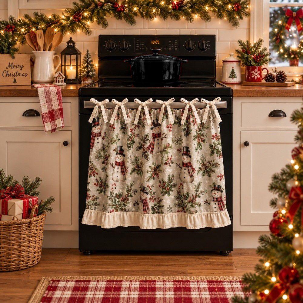 Snowman Deer Santa Oven Cover Curtain Ruffle Edge Kitchen Stove Short Curtain Dishwasher