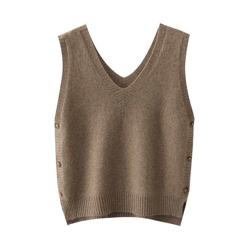 Кашемировый вязаный жилет с V-образным вырезом: Свободный крой, без рукавов, простой пуловер