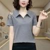 Женские топы с лацканами, короткими рукавами, однотонные, свободного кроя, футболка с полыми кружевными вставками