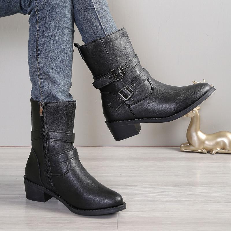 Модная женская обувь 2024 года, новые женские ботинки с боковой молнией, осенние, с острым носком, однотонные, короткие, на толстом каблуке, большие размеры, на шнуровке