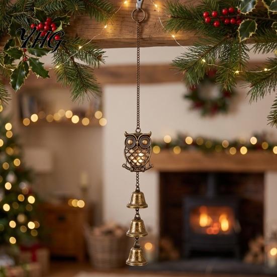 Forest Theme Metal Crafts Vintage Owl Wind Chime with 3 Bells, Hollow Hanging Ornament, Delicate Grid Carving Art Retro Pendant for Garden Patio