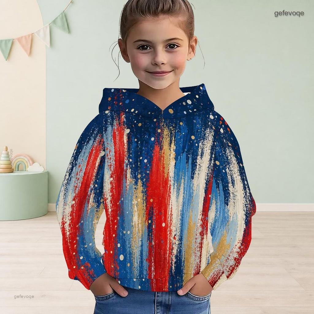 Girls Long Sleeve Star Printed Hoodie Red Blue White Casual Pullover