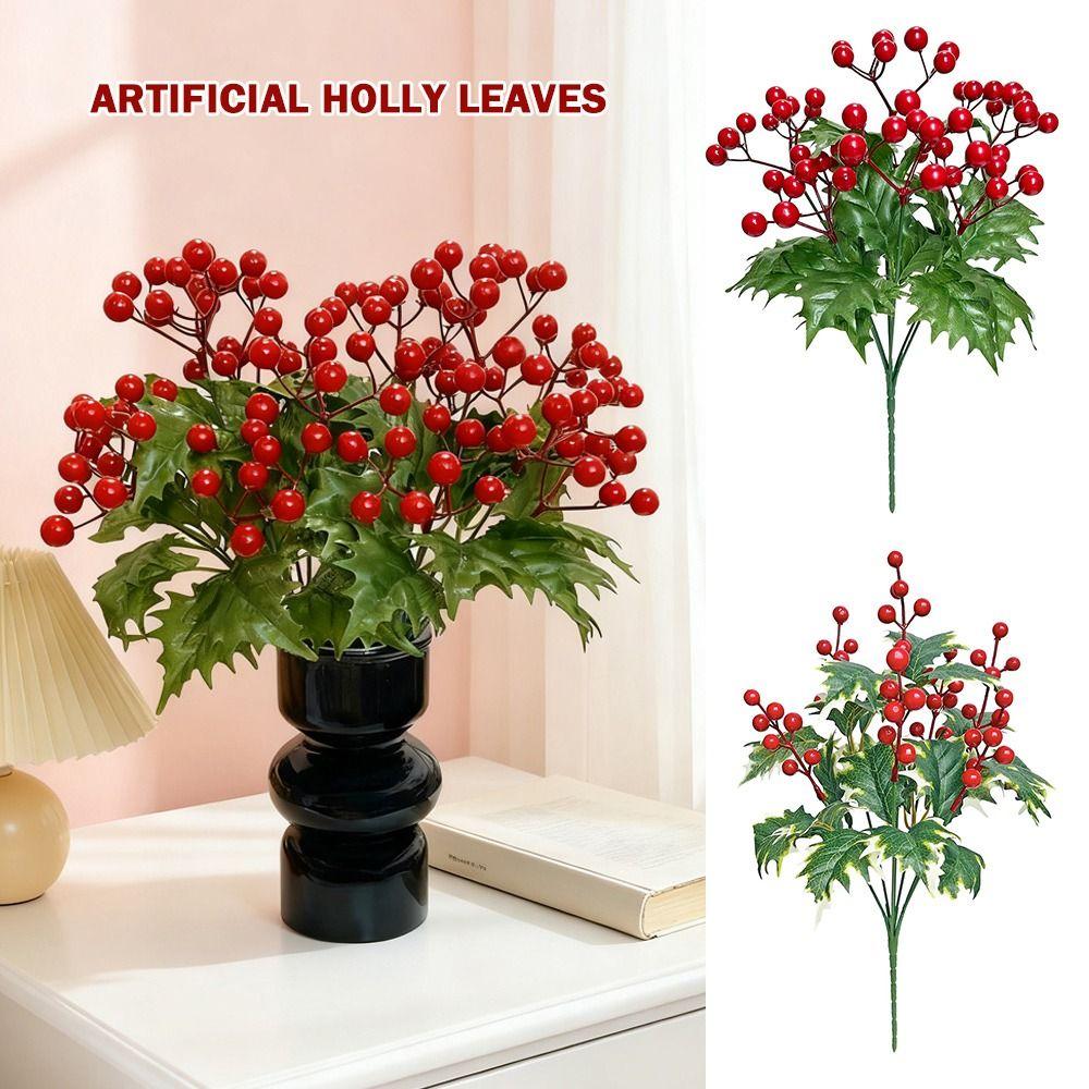 Green Holly Leaves Artificial Christmas Berry Artificial Holly Leaves New Year Arrangement