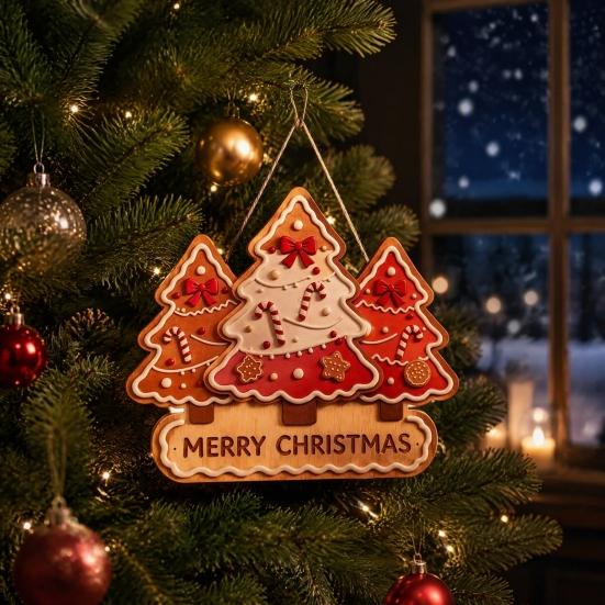 Winter Festive Home Decorations Christmas Wooden Sign Hanging Ornament, Multi-Layer Tree Wood Plaque Rustic Holiday Wall Decor with Rope, Merry