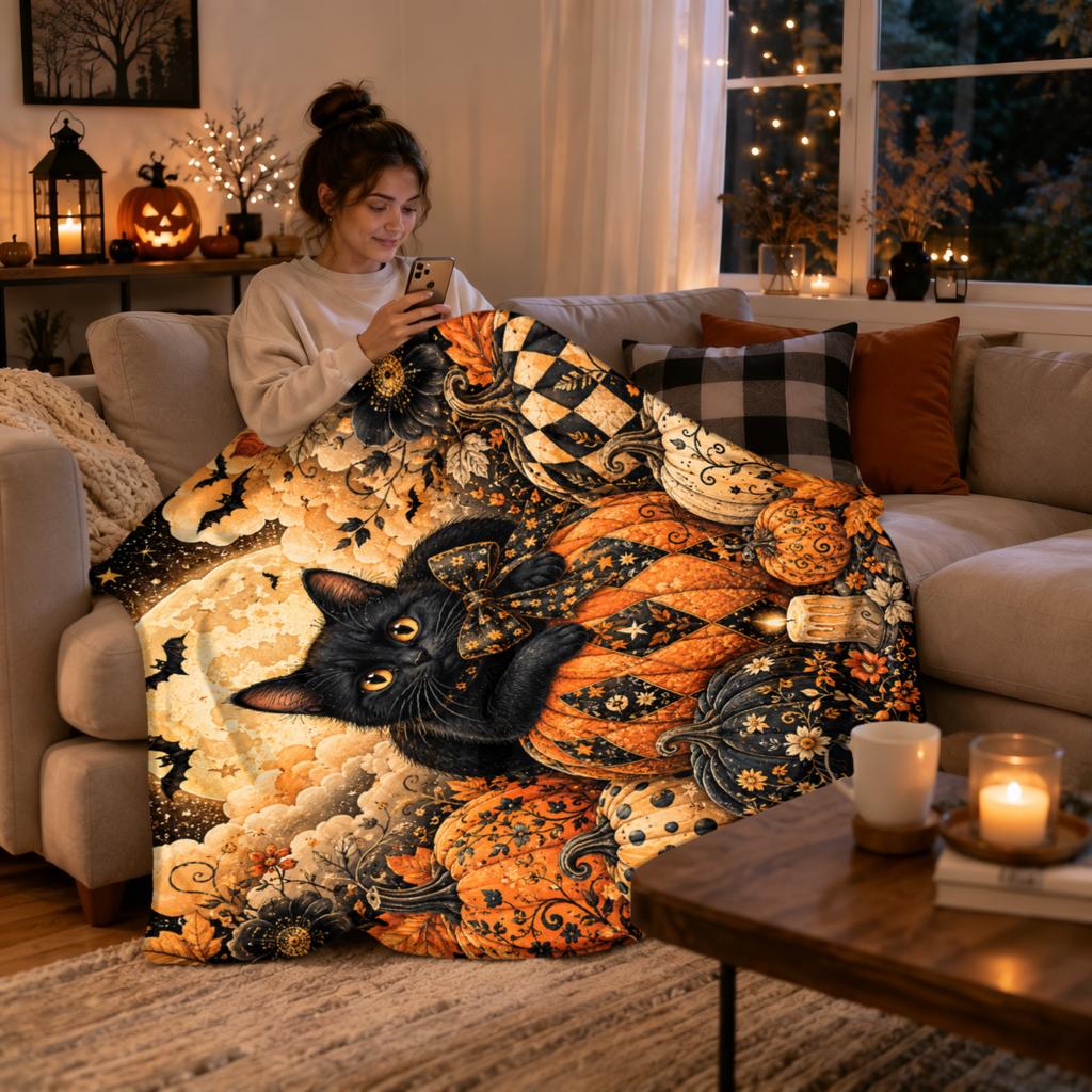 Halloween Black Cat Pumpkin Flannel Blanket Vintage Moon Bat Autumn Floral Print Soft Cozy Holiday Throw Blanket