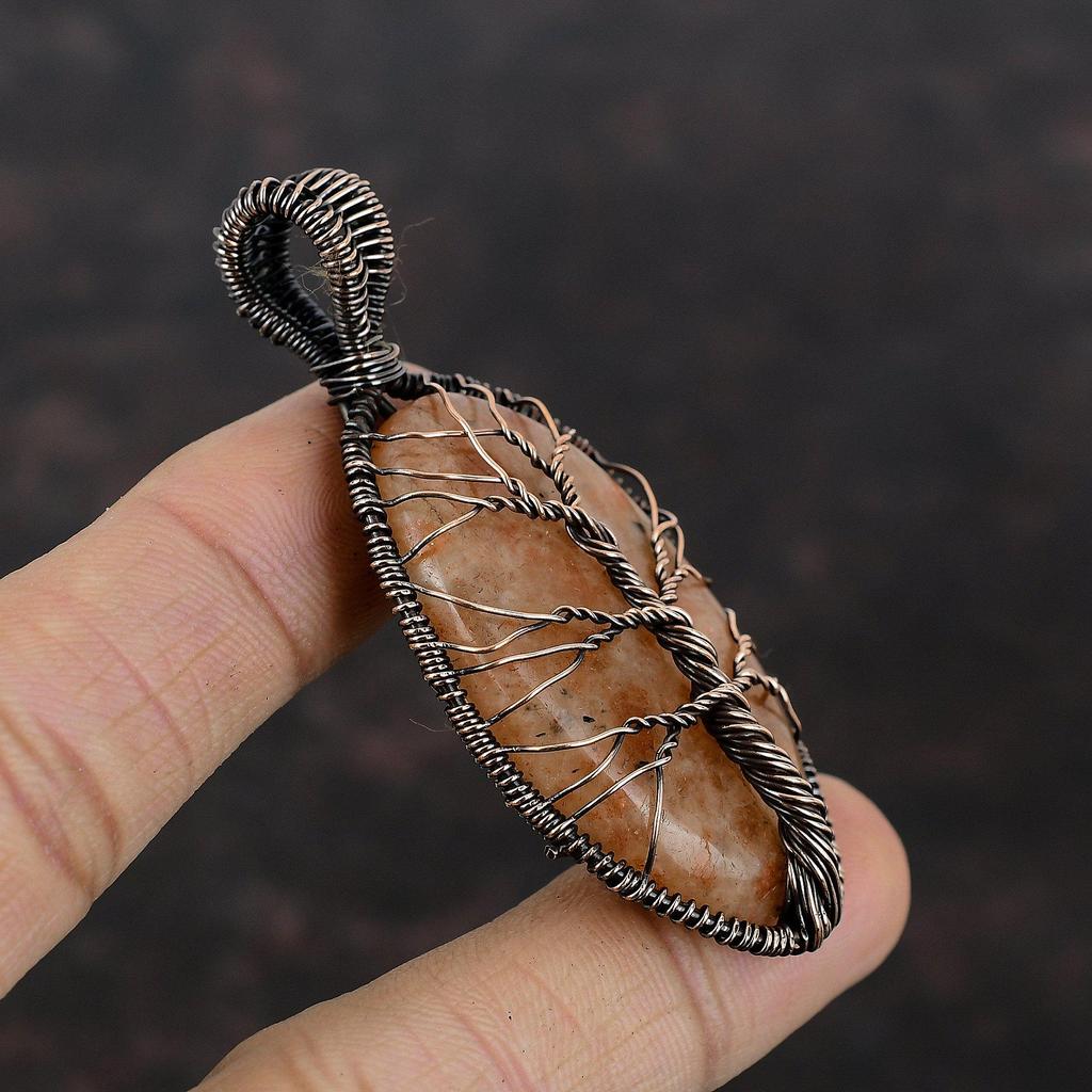 Древо жизни Солнечный камень Медный кулон Медная проволока обернутый кулон Самодельный драгоценный камень Медные украшения для подарка Натуральные солнечные камни Ювелирные изделия