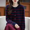 Autumn 2025 Korean Striped Knit Wool Cardigan for Women - Round Neck Color Block Sweater Top