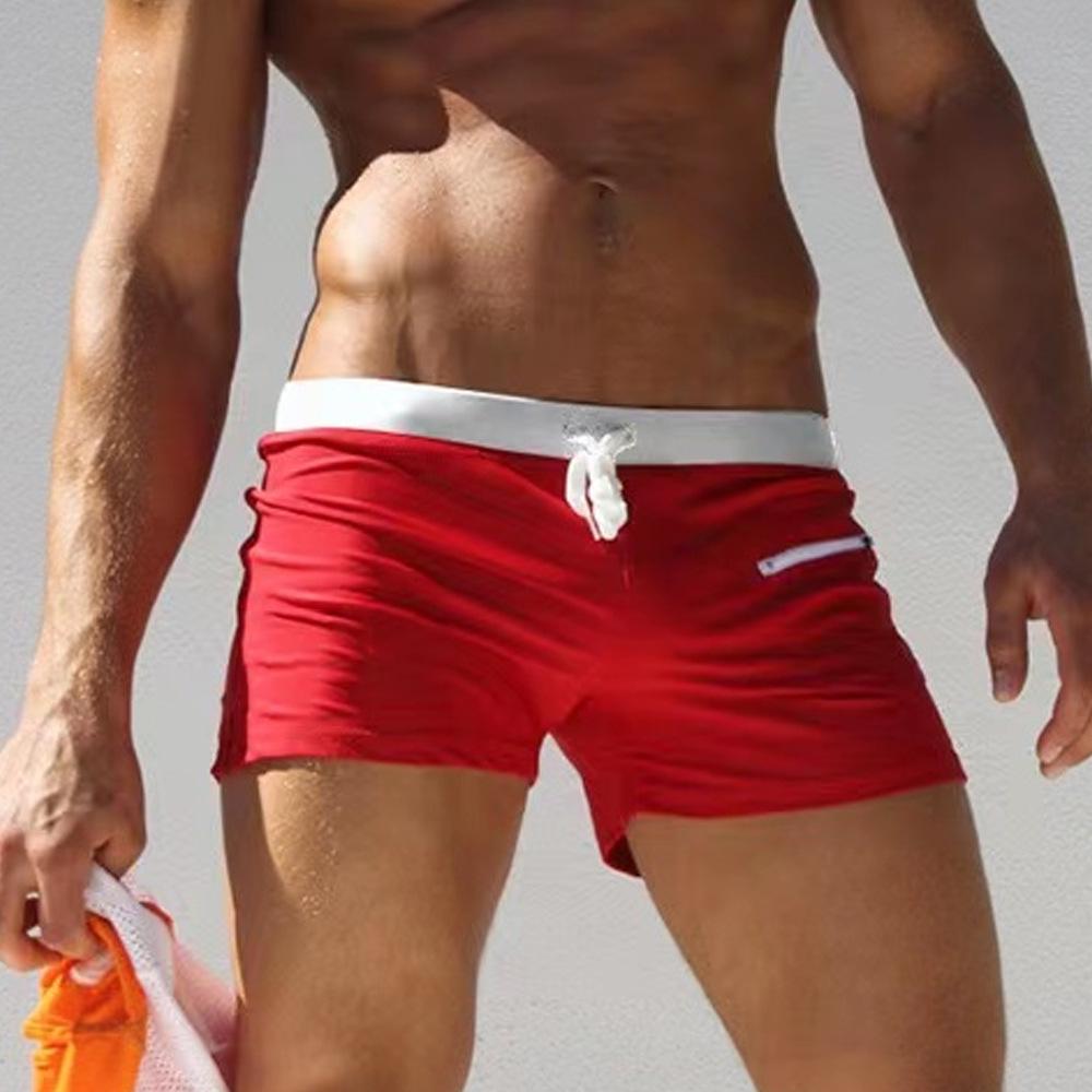 2023 Men's High-Waisted Square Leg Swim Trunks - European & American Fashion, Solid Color, Drawstring, Five-Point Casual Style.