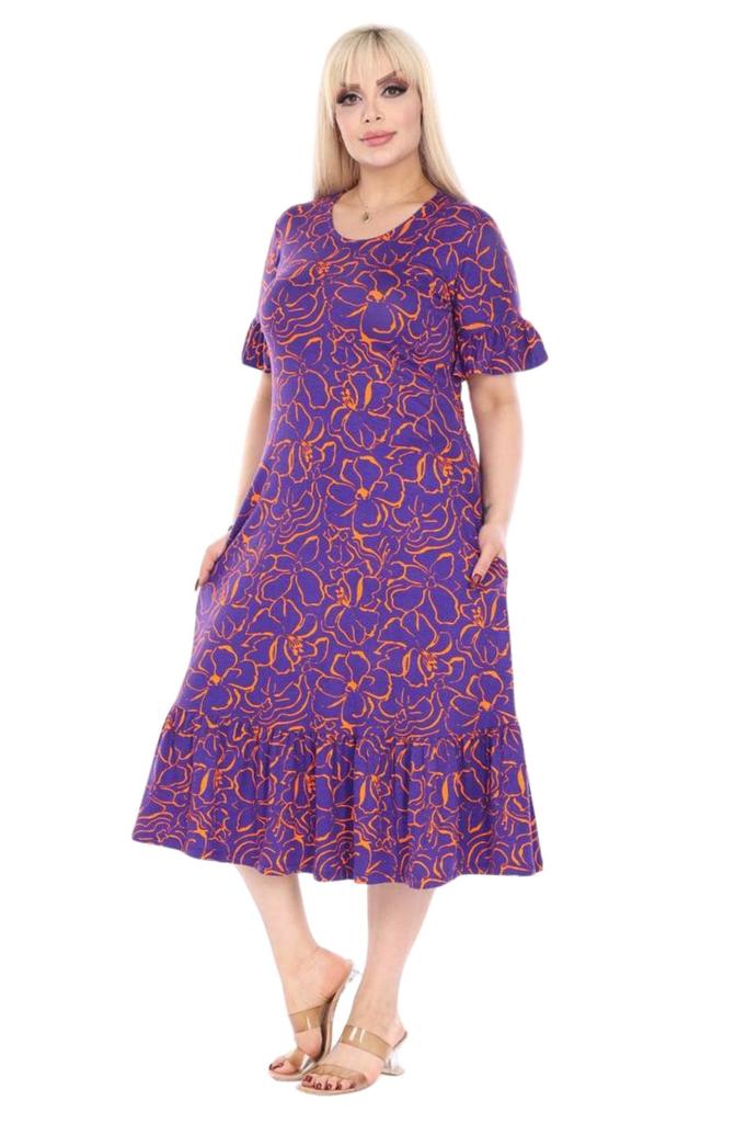 Женское платье большого размера, юбка с короткими рукавами, фиолетовое платье с цветочным узором и рюшами, платье больших размеров