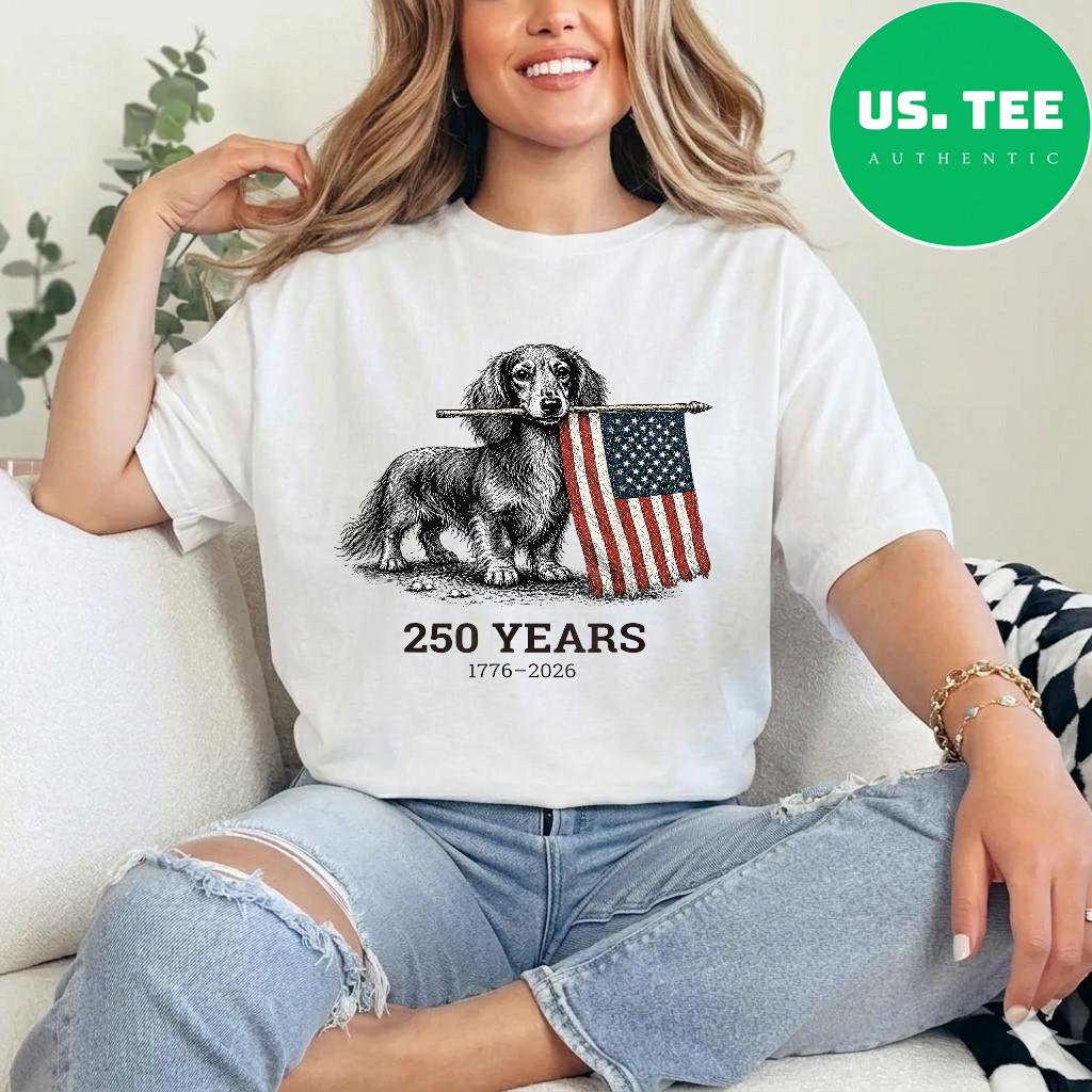 Cute Long Haired Dachshund American Flag 250 Years 1776-2026 T-Shirt