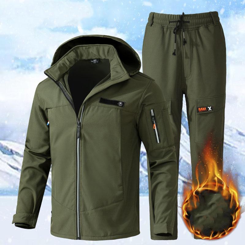 Autumn and winter velvet jacket set waterproof and windproof soft shell men's and women's same cotton clothes outdoor thick
