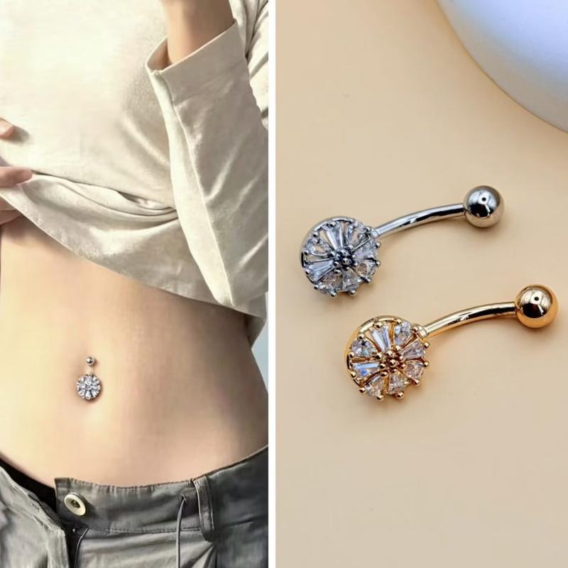 Stainless Steel Belly Button Ring Shiny CZ Flower Design Sweat Resistant Body Piercing Jewelry for Beach Pool