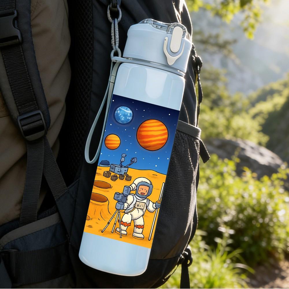 1PC Mars Planet Space Rover Pattern 750ml Color Plastic Sports Water Bottle Leakproof Flip Straw Lid Suitable for Sports Office Home Use