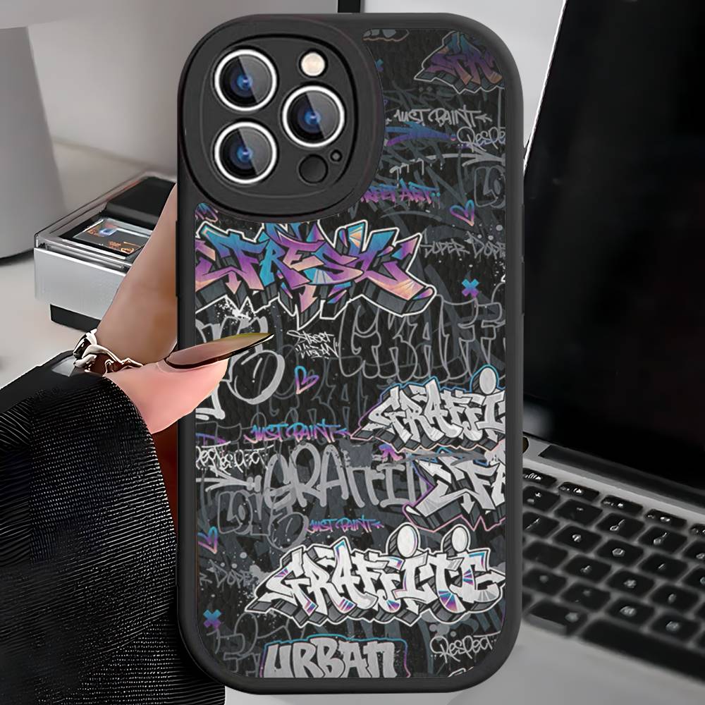 Крутой черный кожаный чехол для телефона с граффити для iPhone 16 15 14 17 Pro Max 11 12 Mini Plus Мягкий корпус