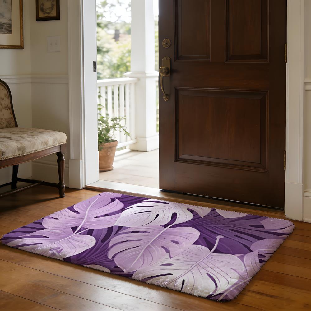 Purple Tropical Leaves Floor Mat Soft Flannel Absorbent Mat Non-Slip Rug Home Bedroom Bathroom