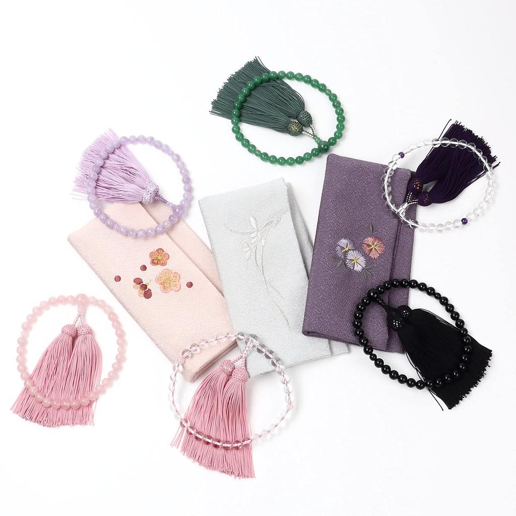 Женский двойной мешочек для молитвенных бусин, вышитый шелк чиримен, для киотских буддийских молитвенных бусин, с внешней коробкой, сделано в ЯпонииСеребристый (Тсуюкуса)