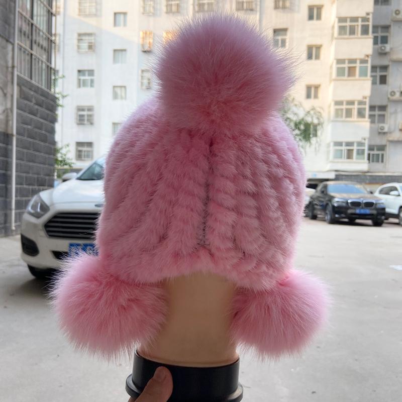 Kids Warm Winter Hats Natural Mink Fur Knitted Beanies 3 Balls Stylish Outdoor Snow Earflap Hats