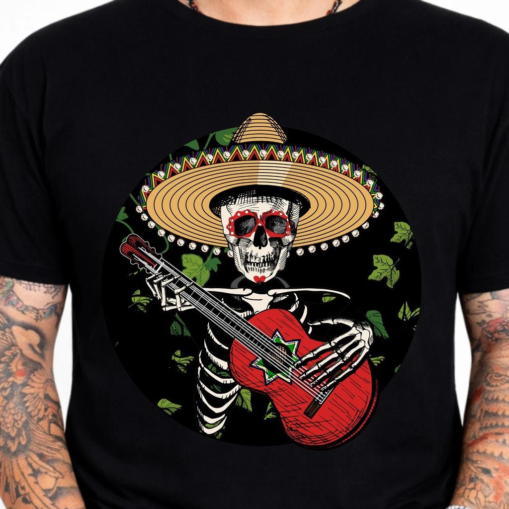 Mariachi Skeleton Playing Guitar Sombrero Dia De Los Muertos Top Graphic T-Shirt