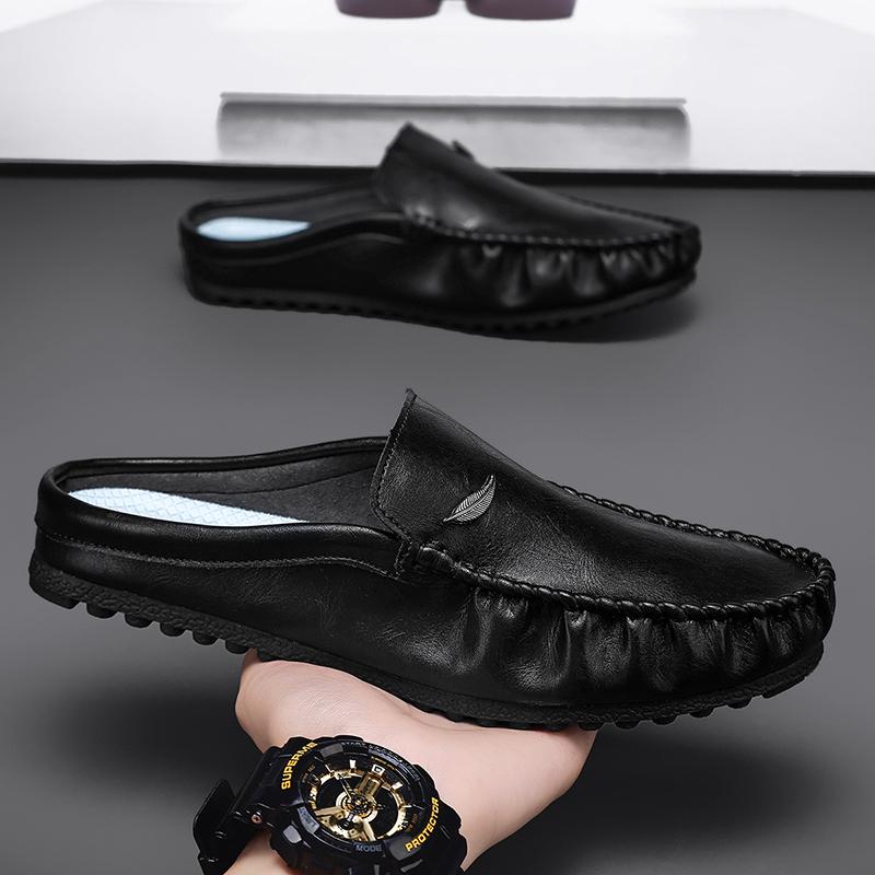 Fashion Breathable Mens Half Slippers Handmade Leathe Muller Shoes Loafers Male Comfy Flats Lazy Shoes Soft Handmade Men Casual Footwear