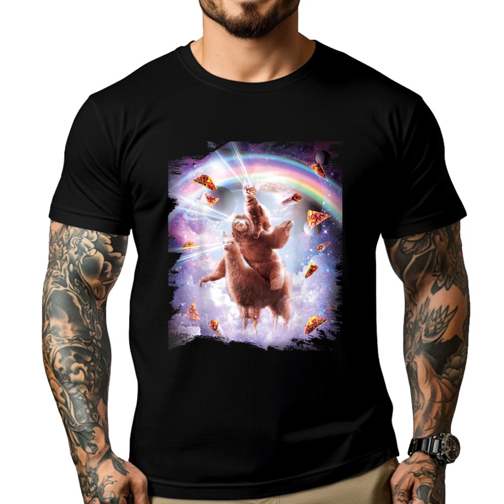 Laser Eyes Space Cat Riding Sloth Llama Rainbow Shirts Graphic Tee White T Shirt Men