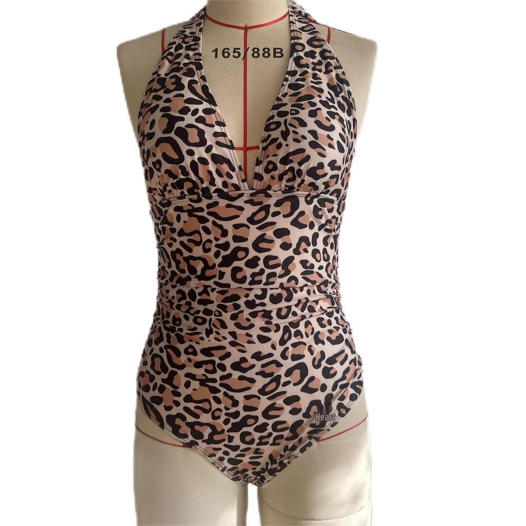 2025 Sexy Deep V European & American Print Tie-Up Halter Bikini Swimsuit