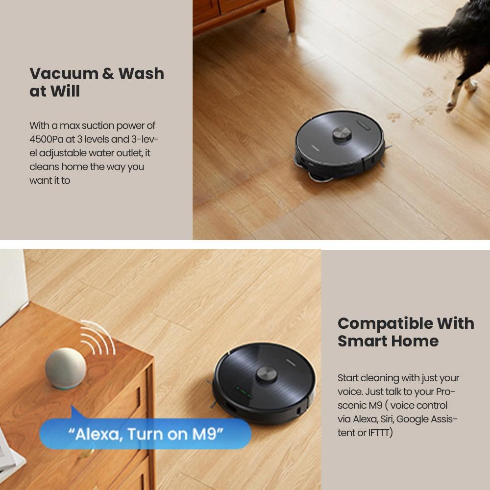Восстановленный робот-пылесос Proscenic M9, мощность всасывания 4500 Па, мешок для пыли 2,5 л, швабры двойного вращения, обнаружение ковров, аккумулятор 5200 мАч