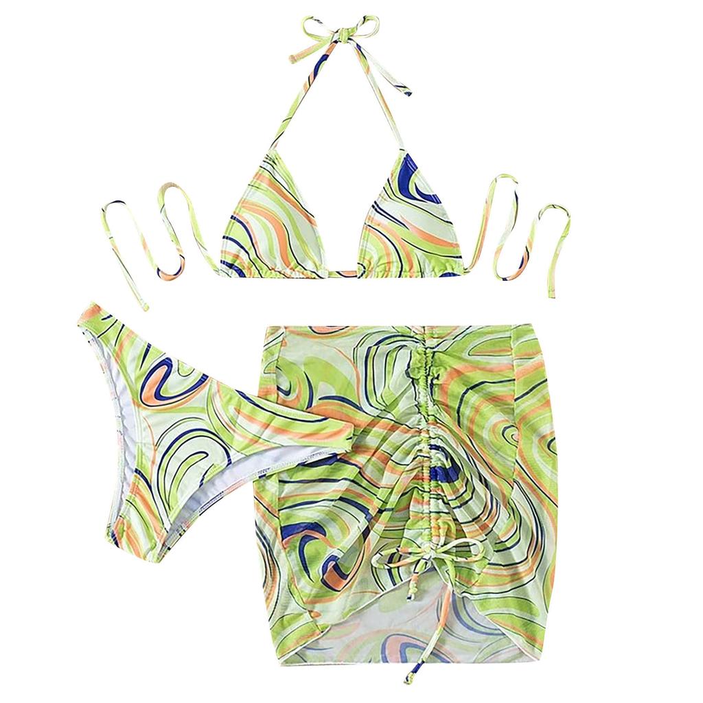 Женский летний модный сексуальный фактурный принт с открытой спиной и шнуровкой на талии, плиссированный завязывающийся бикини, купальник из трех частей